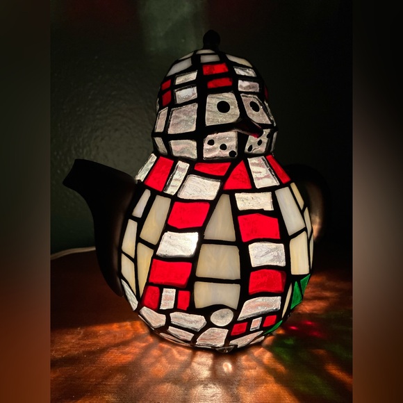 Vintage Tiffany Style Stained Glass Snowman Tea Pot Table Lamp Night Light - Picture 8 of 10
